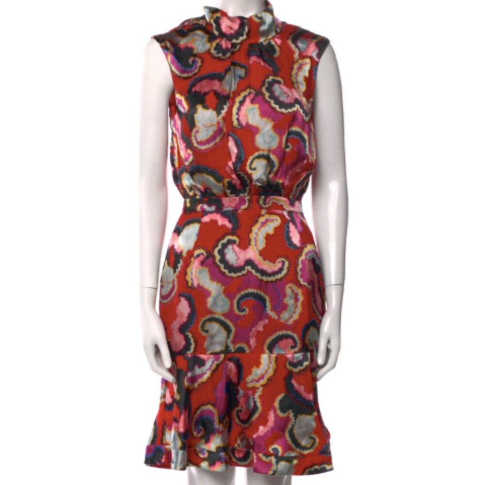 SALONI Silk Blend Paisley Open Back Mini Dress Red Pink Size 2